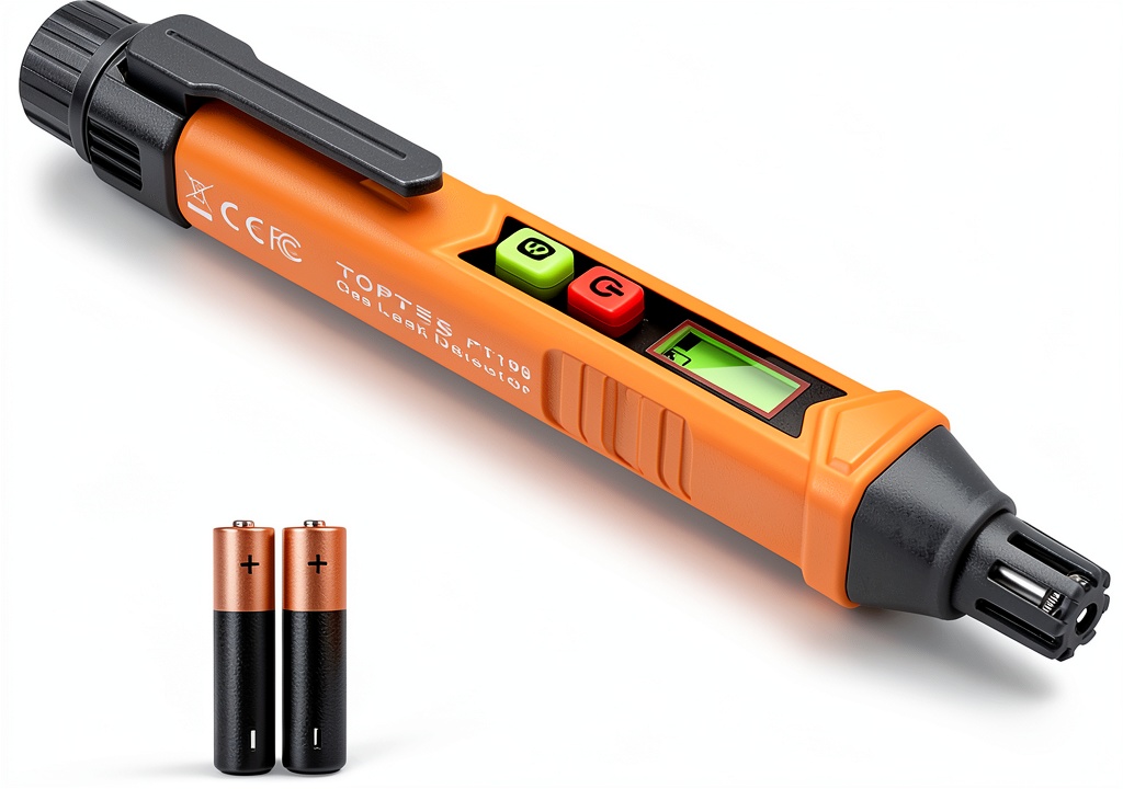 TopTes PT199 gas leak detector showing LCD screen and compact design
