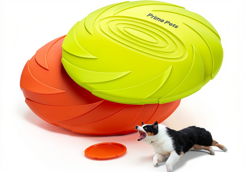 Dog catching Prime Pets flying disc on a sunny beach